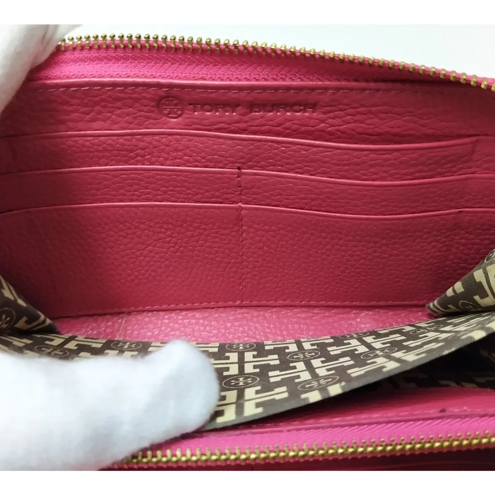 Tory Burch Pink Pebbled Leather Zip Around Credit Card Wallet